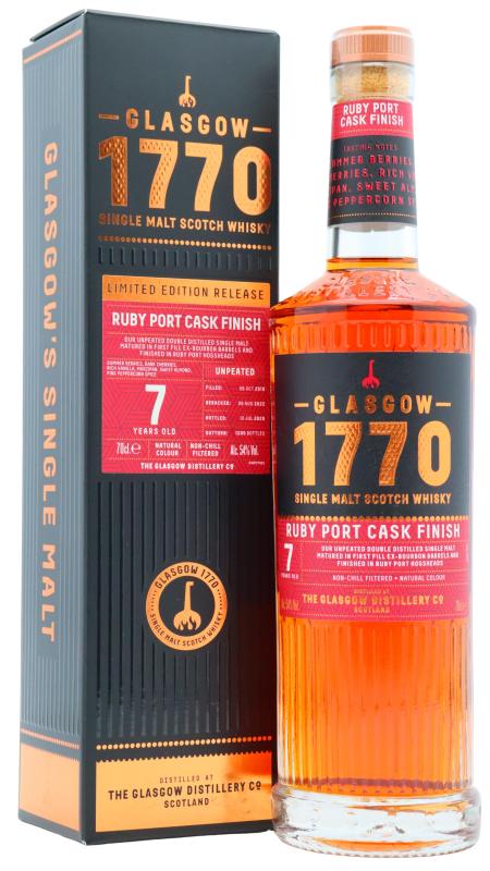 Glasgow 1770 Distillery Glasgow 1770 Ruby Port Cask Finish Batch #2 Single Malt Scotch 2018 7 year old Whisky